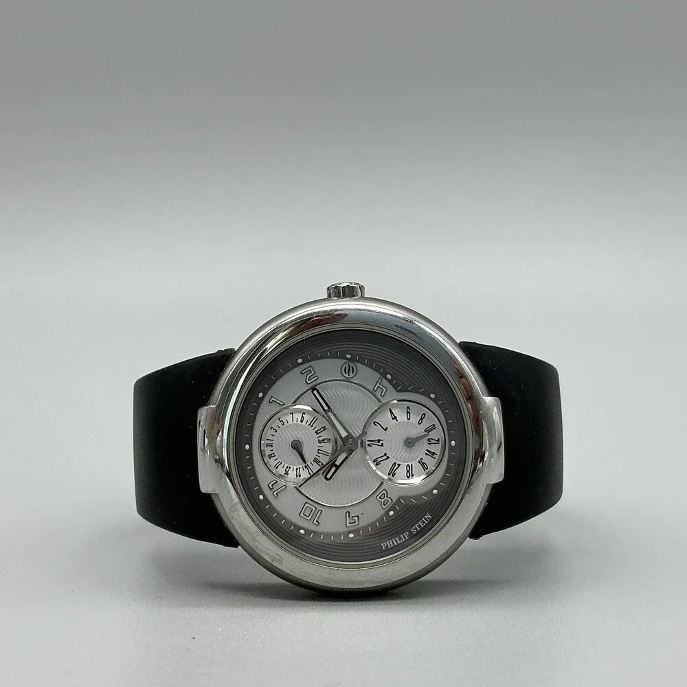 Philip Stein Active Sport Mens Watch 38mm Black Rubber Dual Time New Battery